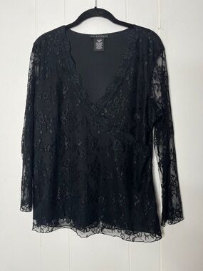 Black Lace Faux-Wrap Top V-neck Size XL Surplice Dark Romantic